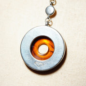 Vintage Modernist Ben Amun Amber Lucite Toggle Pendant Choker, Chunky Silver Necklace With Translucent Amber Donut Ring Pendant, 17 3/4" L