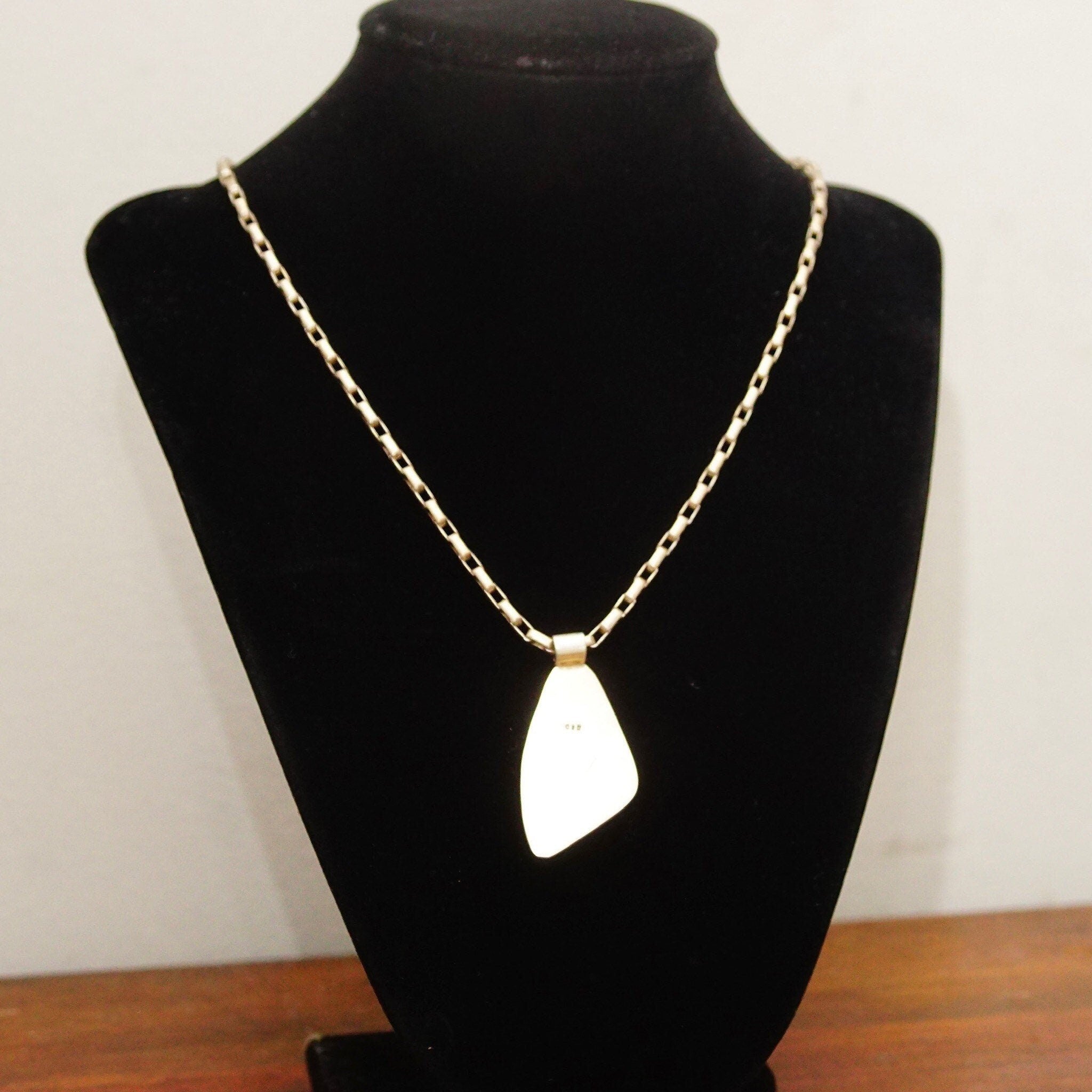 Vintage Modernist Sterling Silver Gemstone/Fossil Pendant, Abstract Triangular Bezel Setting, Tube Necklace Bail, 925 Bohemian, 42mm x 22mm