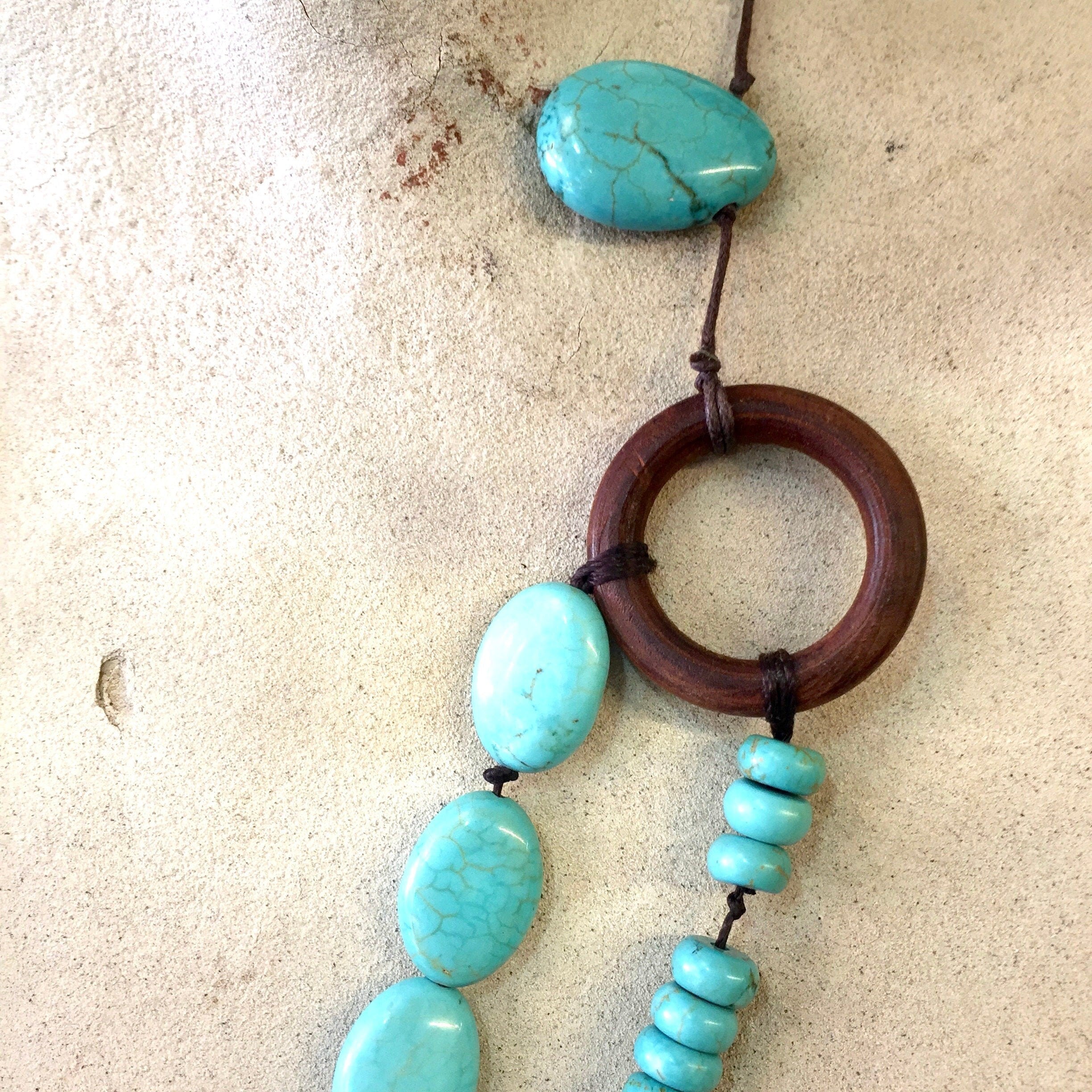 Vintage Multistrand Turquoise Necklace | Turquoise Beaded Necklace | Three Strand Necklace | Wooden Necklace | Blue Beads |Holiday Gift Idea