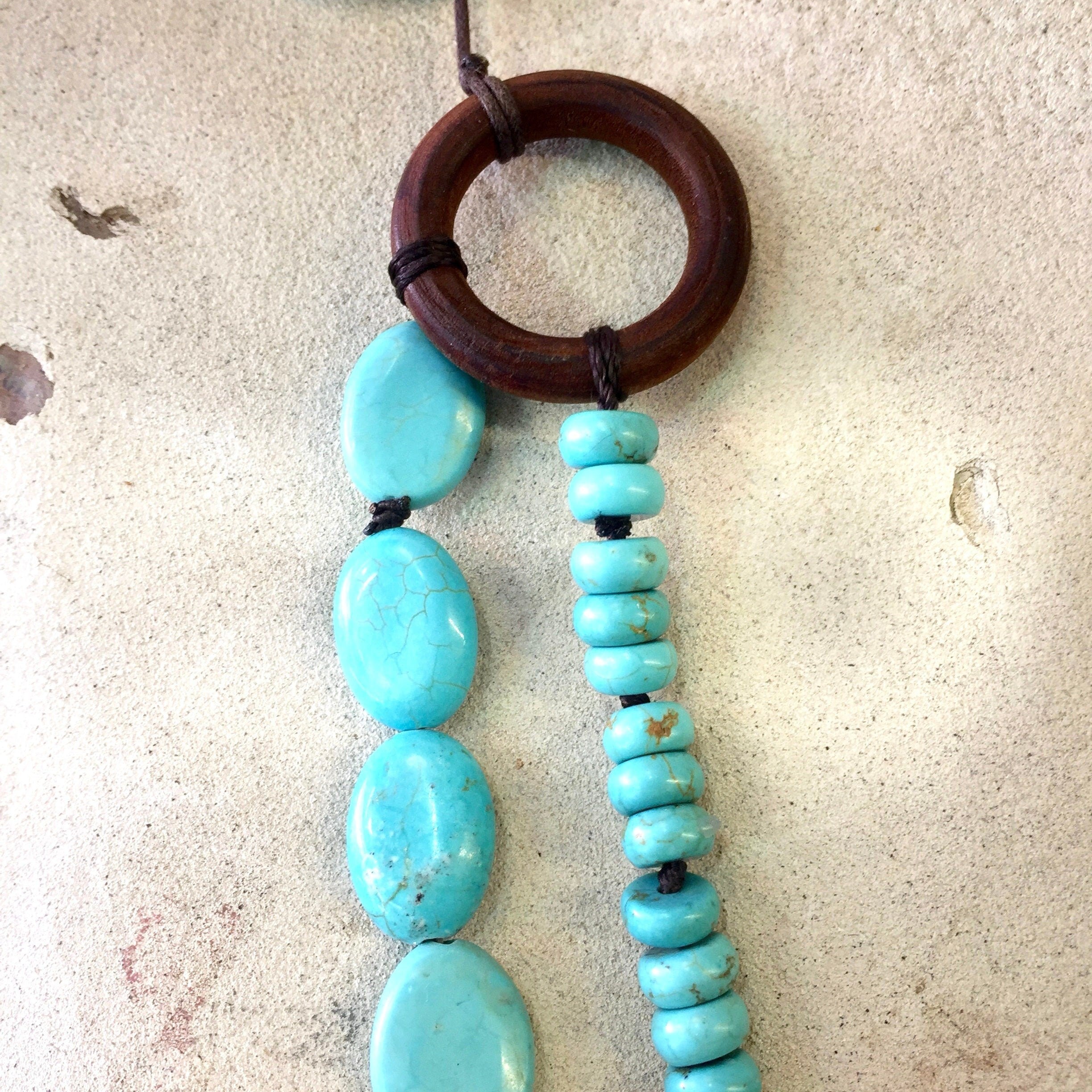 Vintage Multistrand Turquoise Necklace | Turquoise Beaded Necklace | Three Strand Necklace | Wooden Necklace | Blue Beads |Holiday Gift Idea
