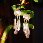 Vintage Native American Sterling Silver Feather Concho Dangle Stud Earrings, Intricate Hammered Designs, 3 Silver Feather Tassels, 2 3/8" L