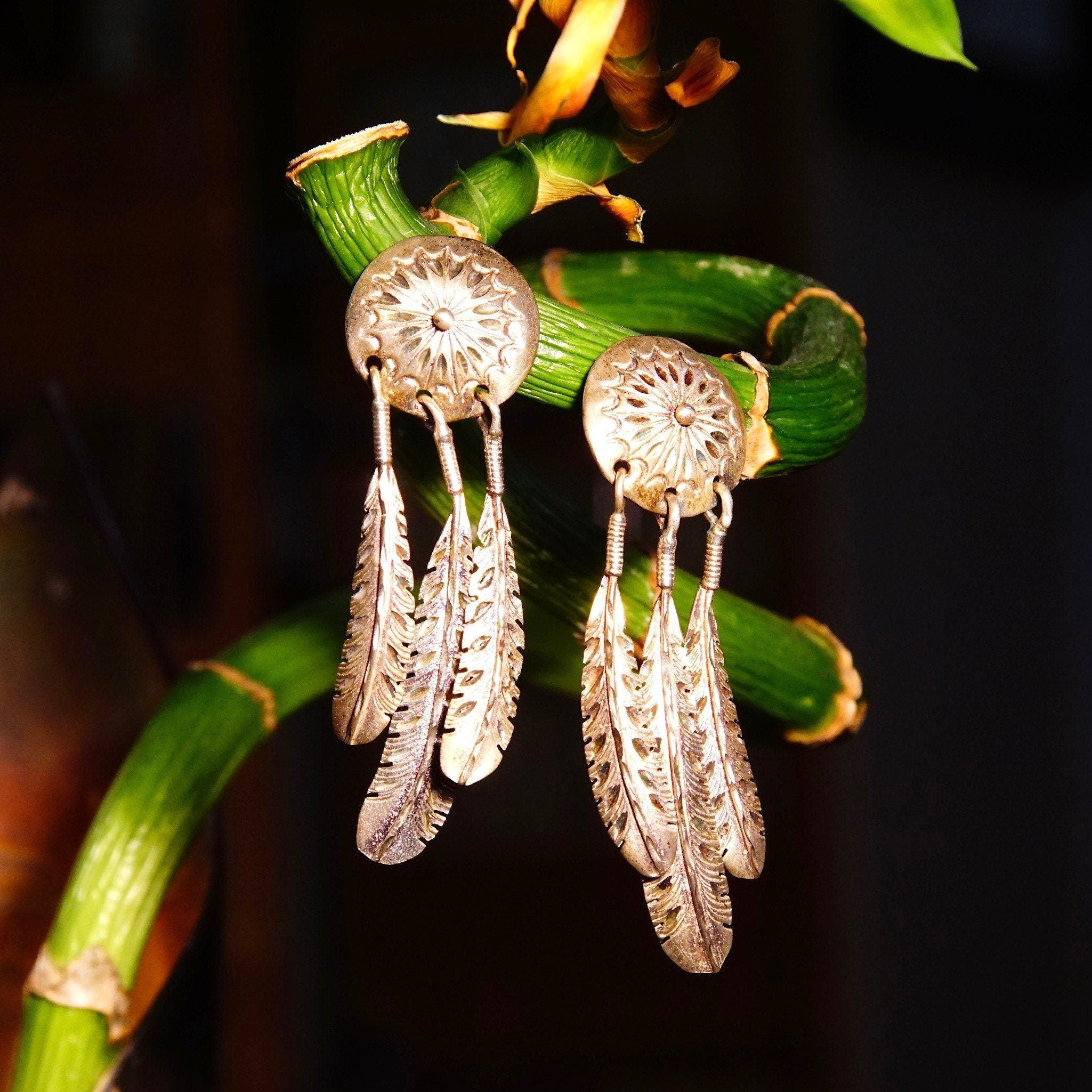 Vintage Native American Sterling Silver Feather Concho Dangle Stud Earrings, Intricate Hammered Designs, 3 Silver Feather Tassels, 2 3/8" L