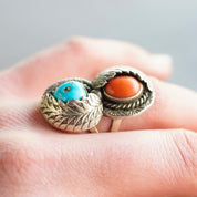 Vintage Native American Silver Turquoise & Coral Ring, Gorgeous Two-Stone Ring With Silver Leaf Details, Natural Turquoise/Coral, Size 8 1/4