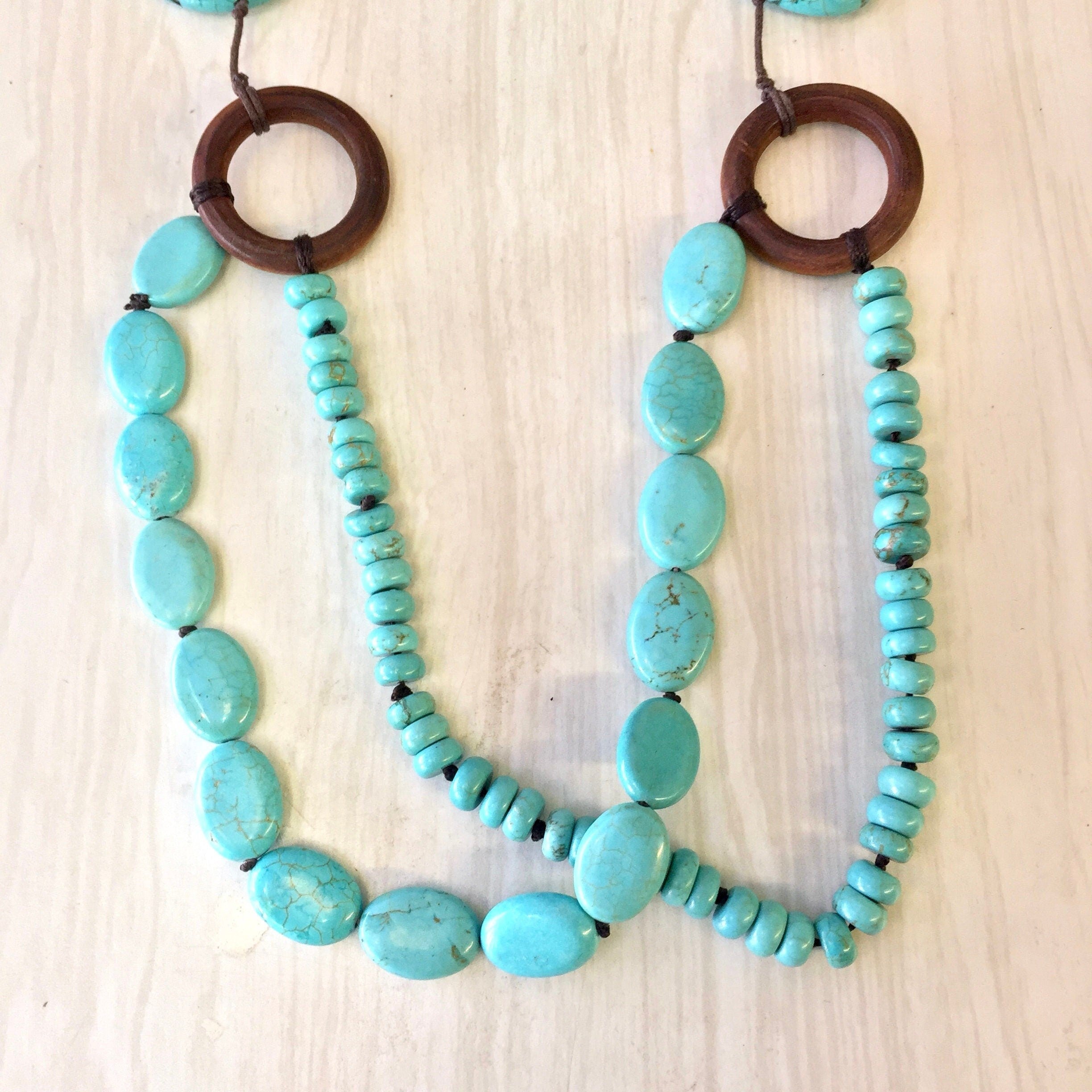 Vintage Multistrand Turquoise Necklace | Turquoise Beaded Necklace | Three Strand Necklace | Wooden Necklace | Blue Beads |Holiday Gift Idea