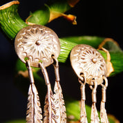 Vintage Native American Sterling Silver Feather Concho Dangle Stud Earrings, Intricate Hammered Designs, 3 Silver Feather Tassels, 2 3/8" L