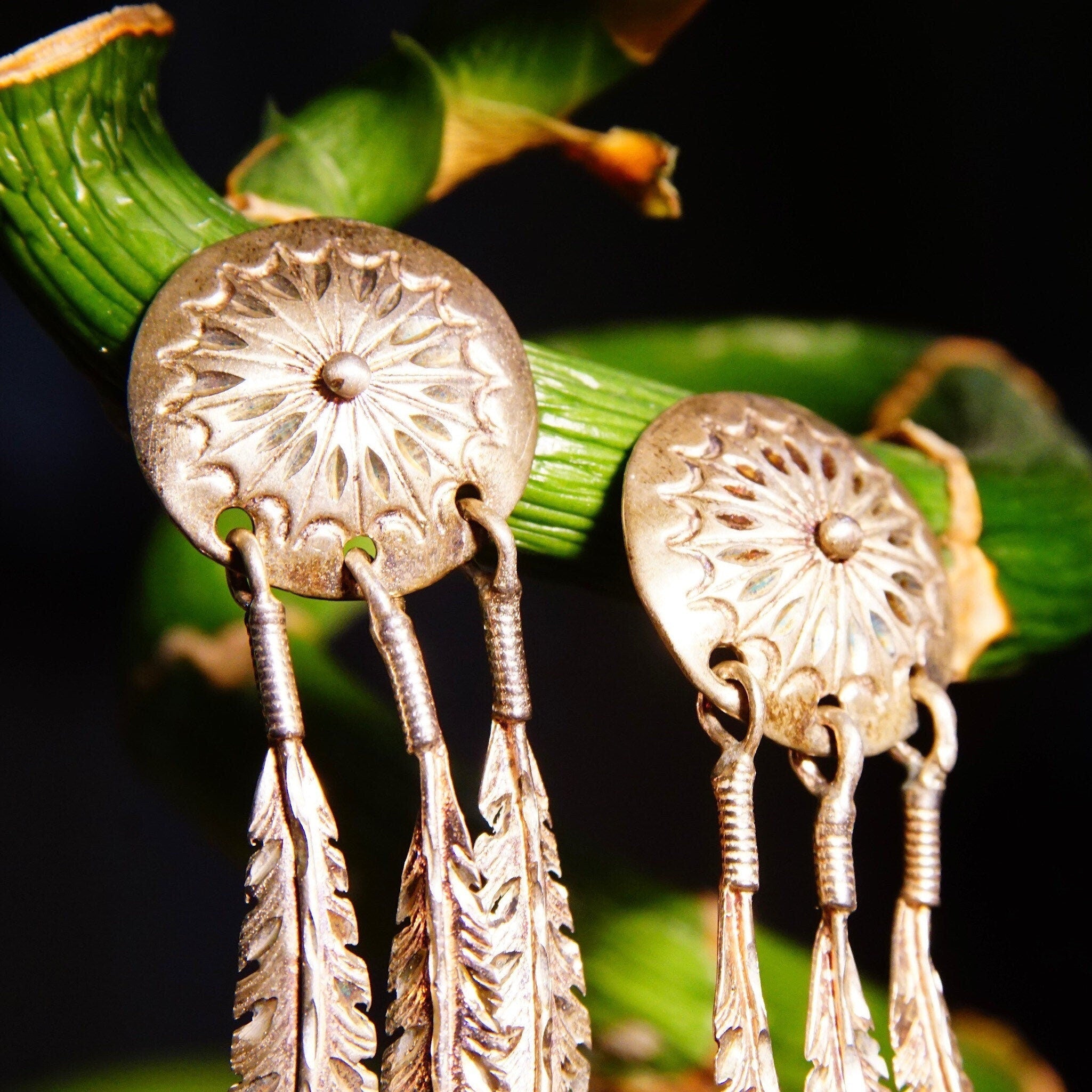 Vintage Native American Sterling Silver Feather Concho Dangle Stud Earrings, Intricate Hammered Designs, 3 Silver Feather Tassels, 2 3/8" L