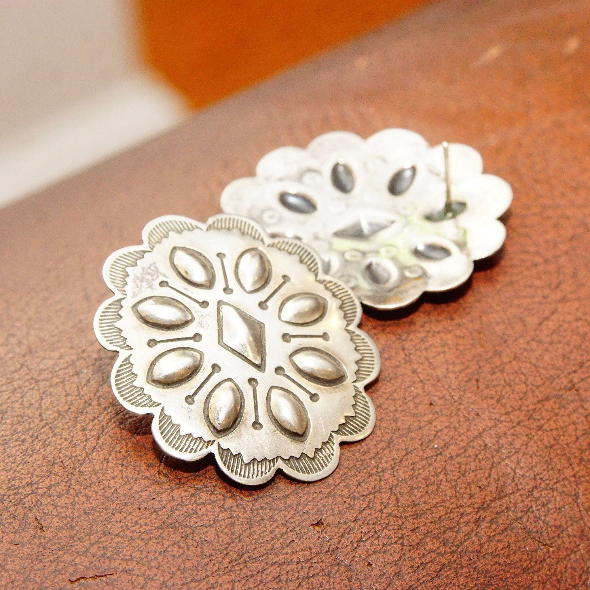 Vintage Native American Sterling Silver Concho Stud Earrings, Polished Silver Medallions, Engraved Line Work, Raised Designs, 1 11/16" L