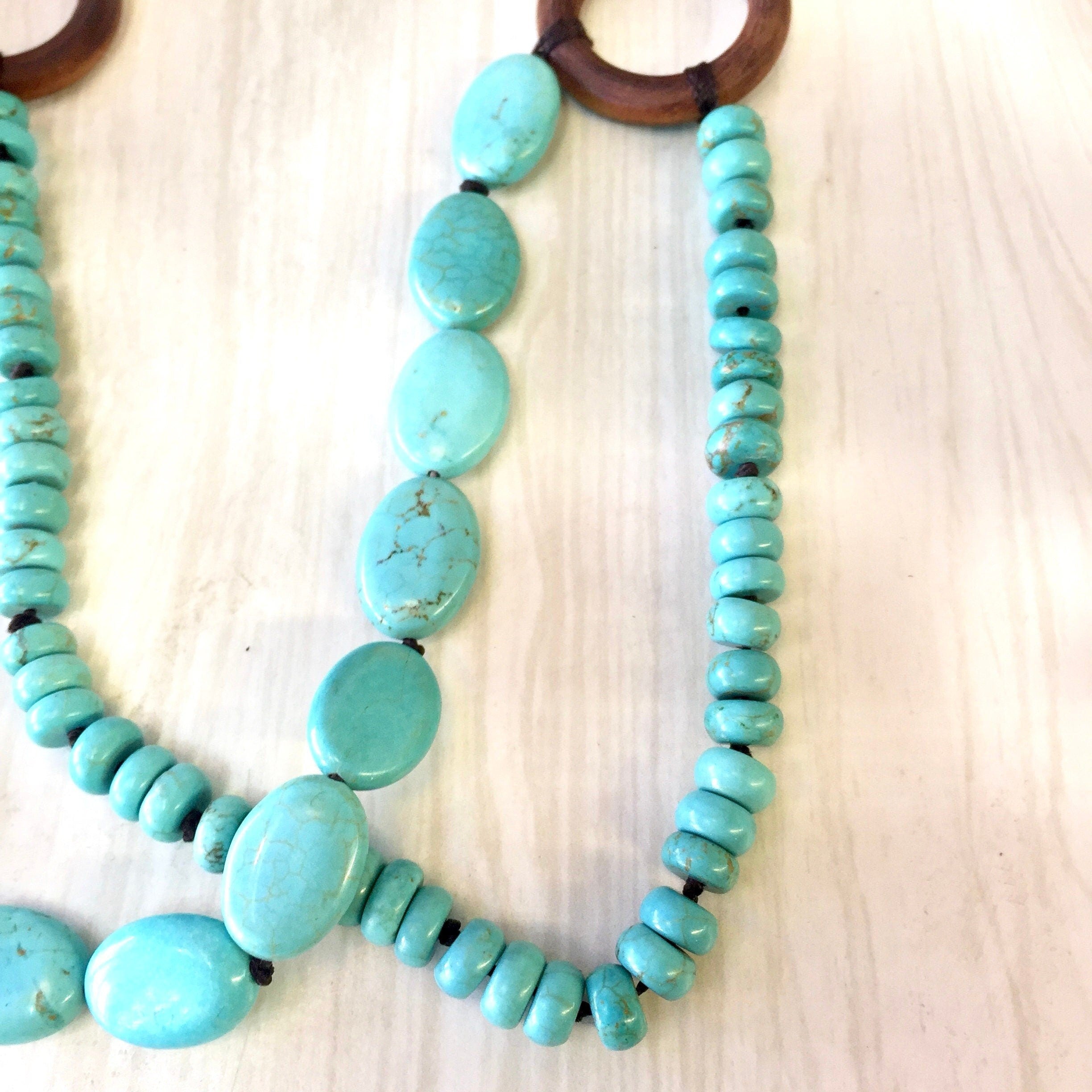 Vintage Multistrand Turquoise Necklace | Turquoise Beaded Necklace | Three Strand Necklace | Wooden Necklace | Blue Beads |Holiday Gift Idea