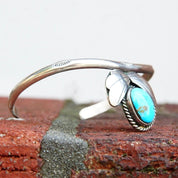 Vintage Native American Sterling Silver & Turquoise Cuff Bracelet, Modernist Hammered Silver Wire Cuff, Blue Turquoise Stone, 5/1/2" L