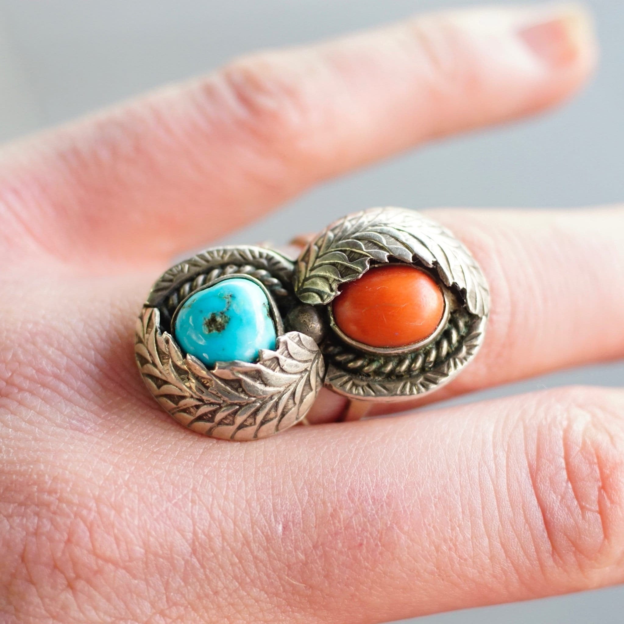Vintage Native American Silver Turquoise & Coral Ring, Gorgeous Two-Stone Ring With Silver Leaf Details, Natural Turquoise/Coral, Size 8 1/4