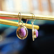 Vintage Navajo Signed SG Sterling Silver Purple Agate Drop Earrings, Marbled Purple Gemstone In Silver Setting, 925 Fish Hooks, 1 1/4" L