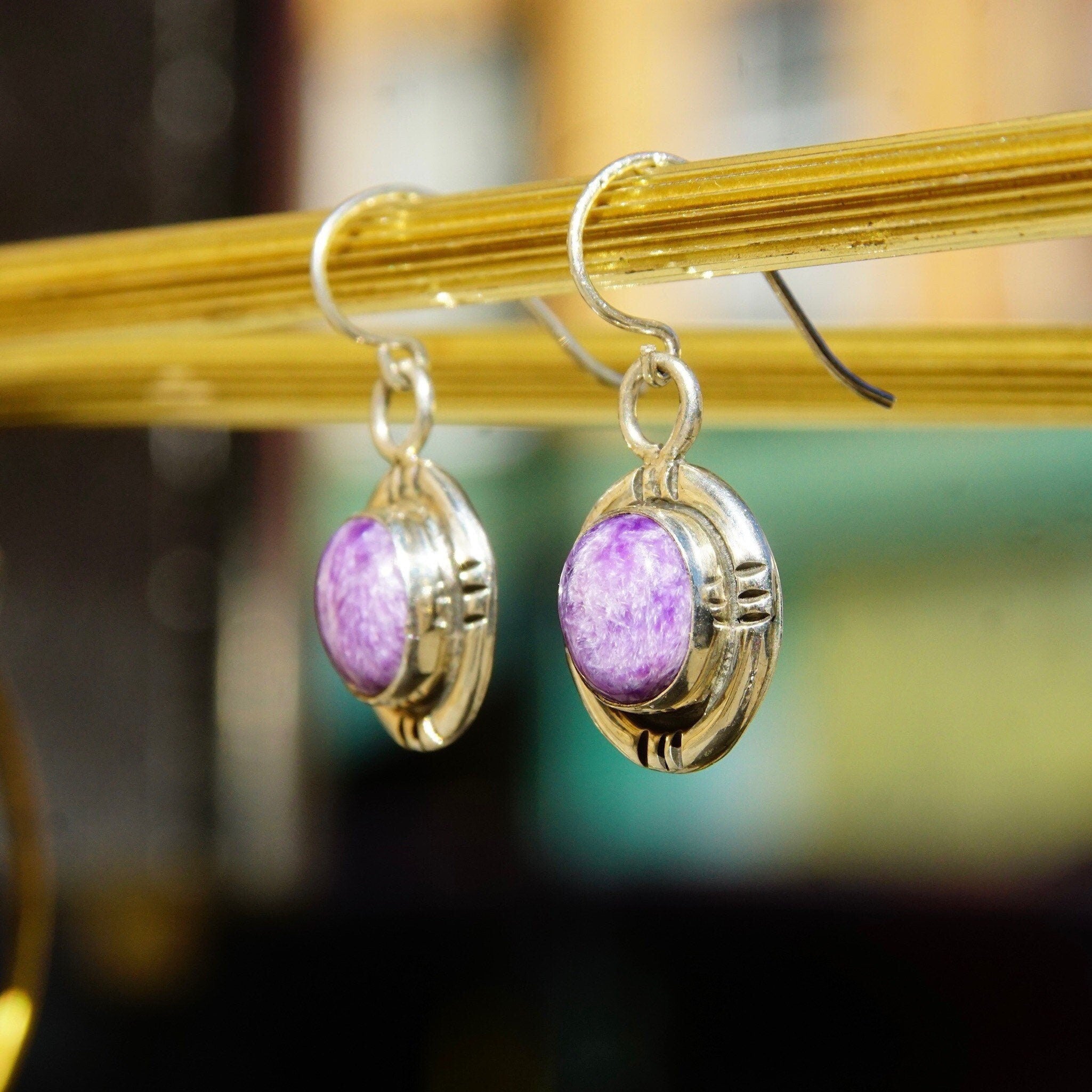 Vintage Navajo Signed SG Sterling Silver Purple Agate Drop Earrings, Marbled Purple Gemstone In Silver Setting, 925 Fish Hooks, 1 1/4" L