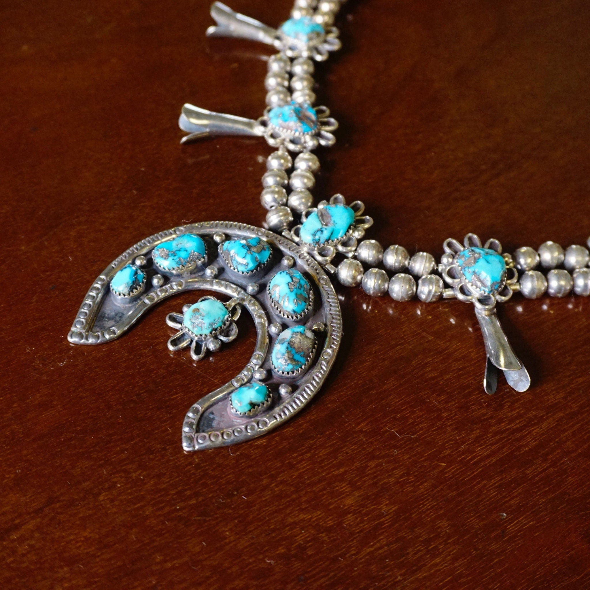 Vintage Navajo Turquoise Squash Blossom Necklace, Native American Beaded Necklace With Naja Pendant, Old Pawn Squash Blossom Necklace, 925
