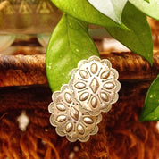 Vintage Native American Sterling Silver Concho Stud Earrings, Polished Silver Medallions, Engraved Line Work, Raised Designs, 1 11/16" L