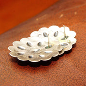 Vintage Native American Sterling Silver Concho Stud Earrings, Polished Silver Medallions, Engraved Line Work, Raised Designs, 1 11/16" L