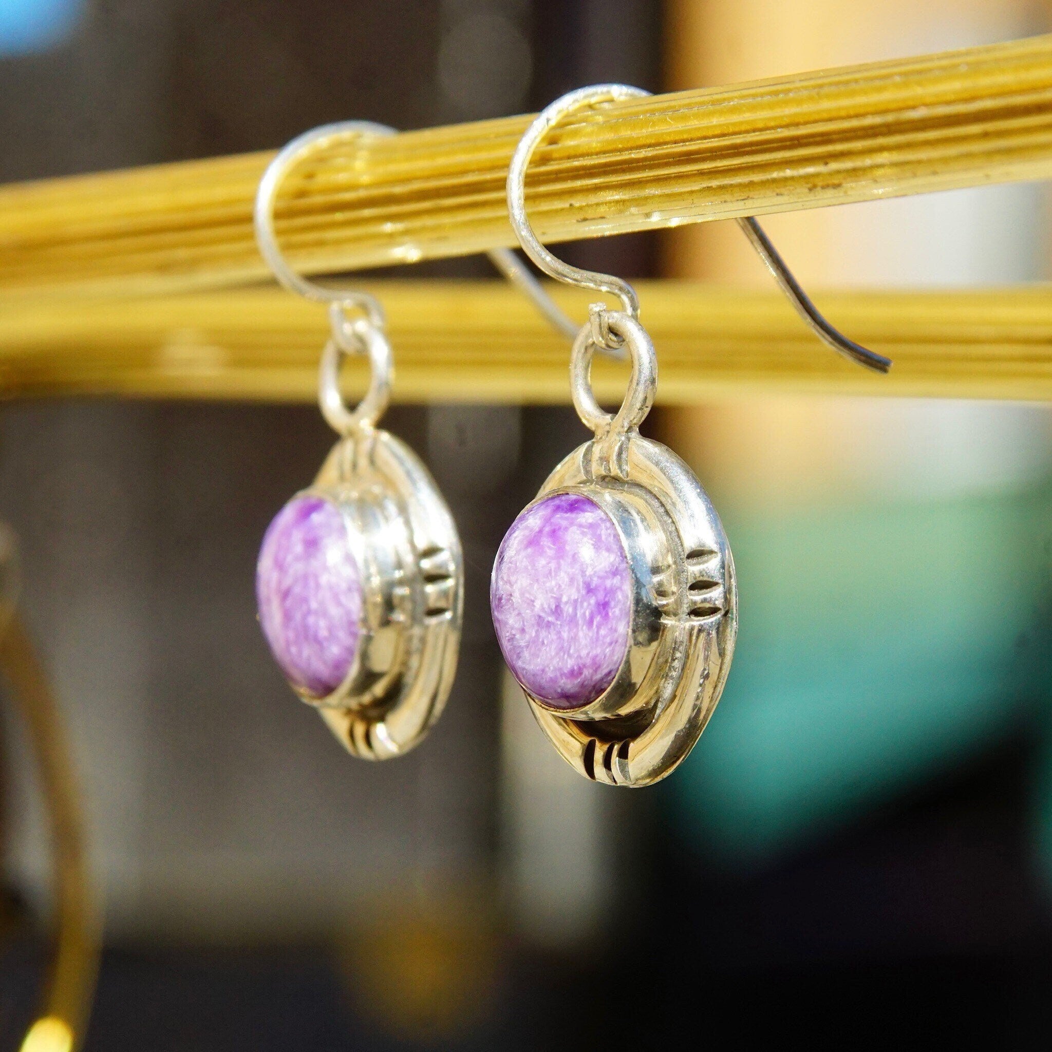 Vintage Navajo Signed SG Sterling Silver Purple Agate Drop Earrings, Marbled Purple Gemstone In Silver Setting, 925 Fish Hooks, 1 1/4" L