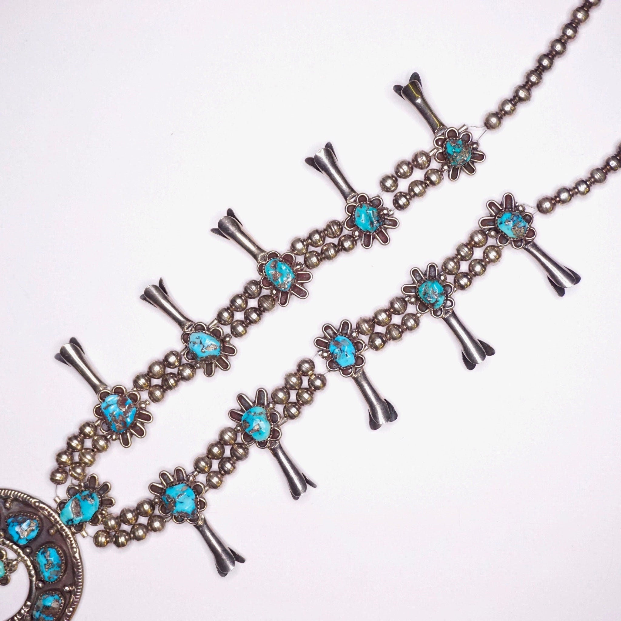 Vintage Navajo Turquoise Squash Blossom Necklace, Native American Beaded Necklace With Naja Pendant, Old Pawn Squash Blossom Necklace, 925
