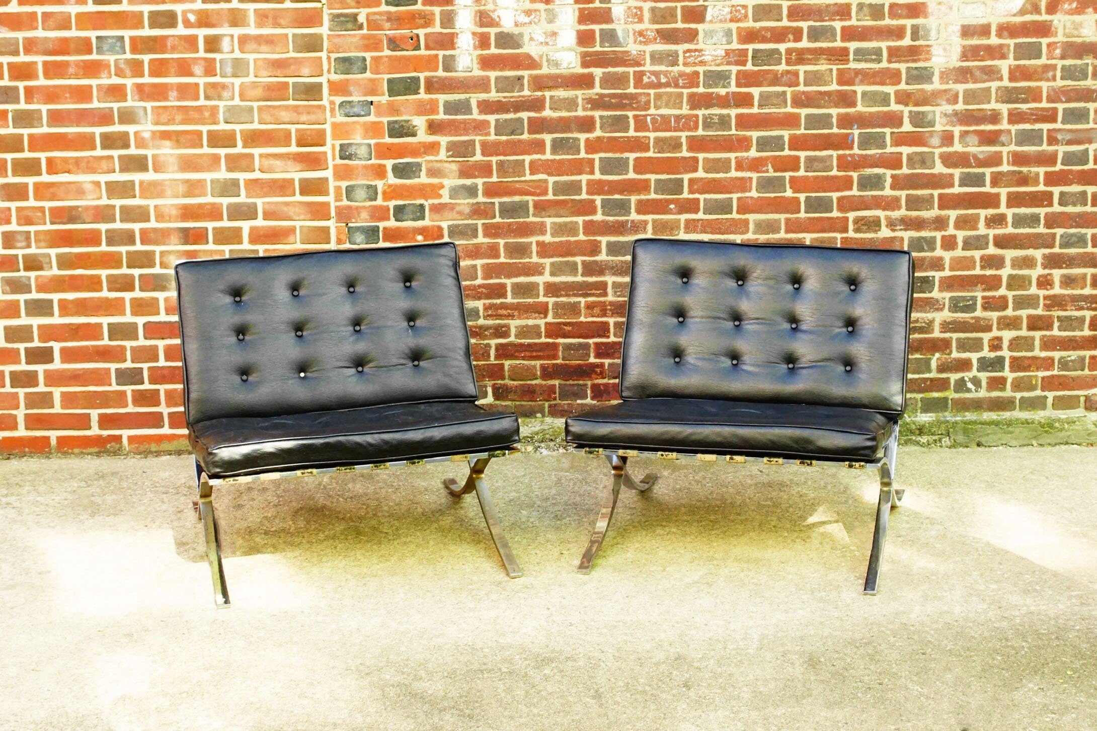 Vintage Pair Of MCM Black Leather Barcelona Chairs, Chrome Frame & Legs W/ Load Bearing Straps, Removable Cushions, 30" W x 28" H x 22" D