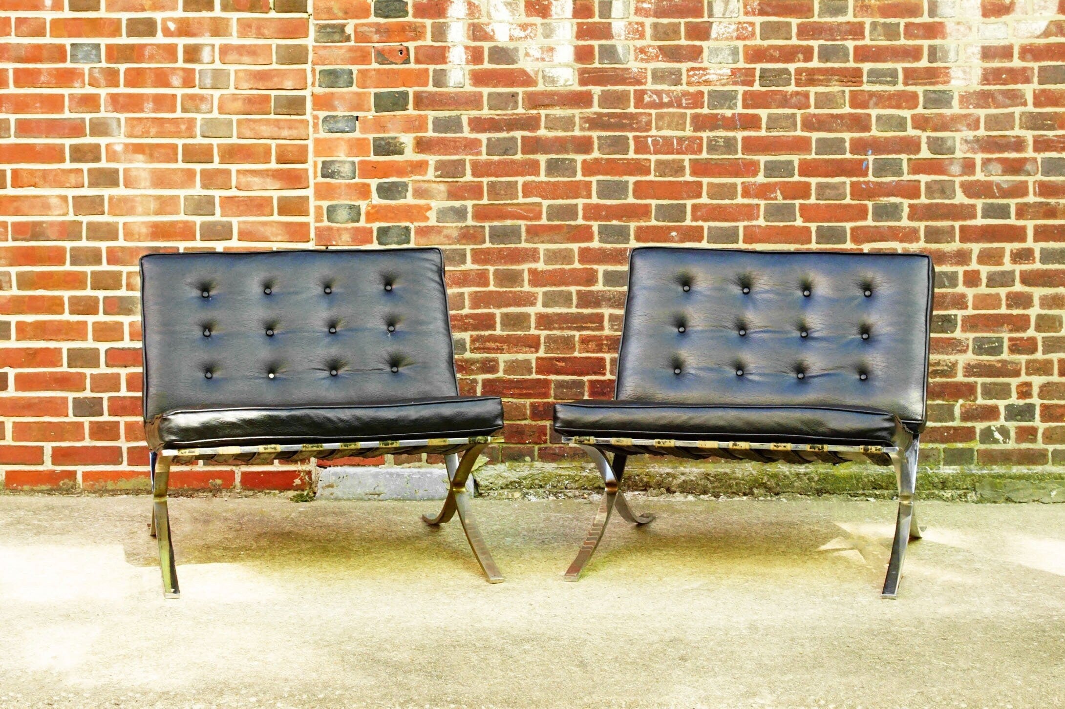 Vintage Pair Of MCM Black Leather Barcelona Chairs, Chrome Frame & Legs W/ Load Bearing Straps, Removable Cushions, 30" W x 28" H x 22" D