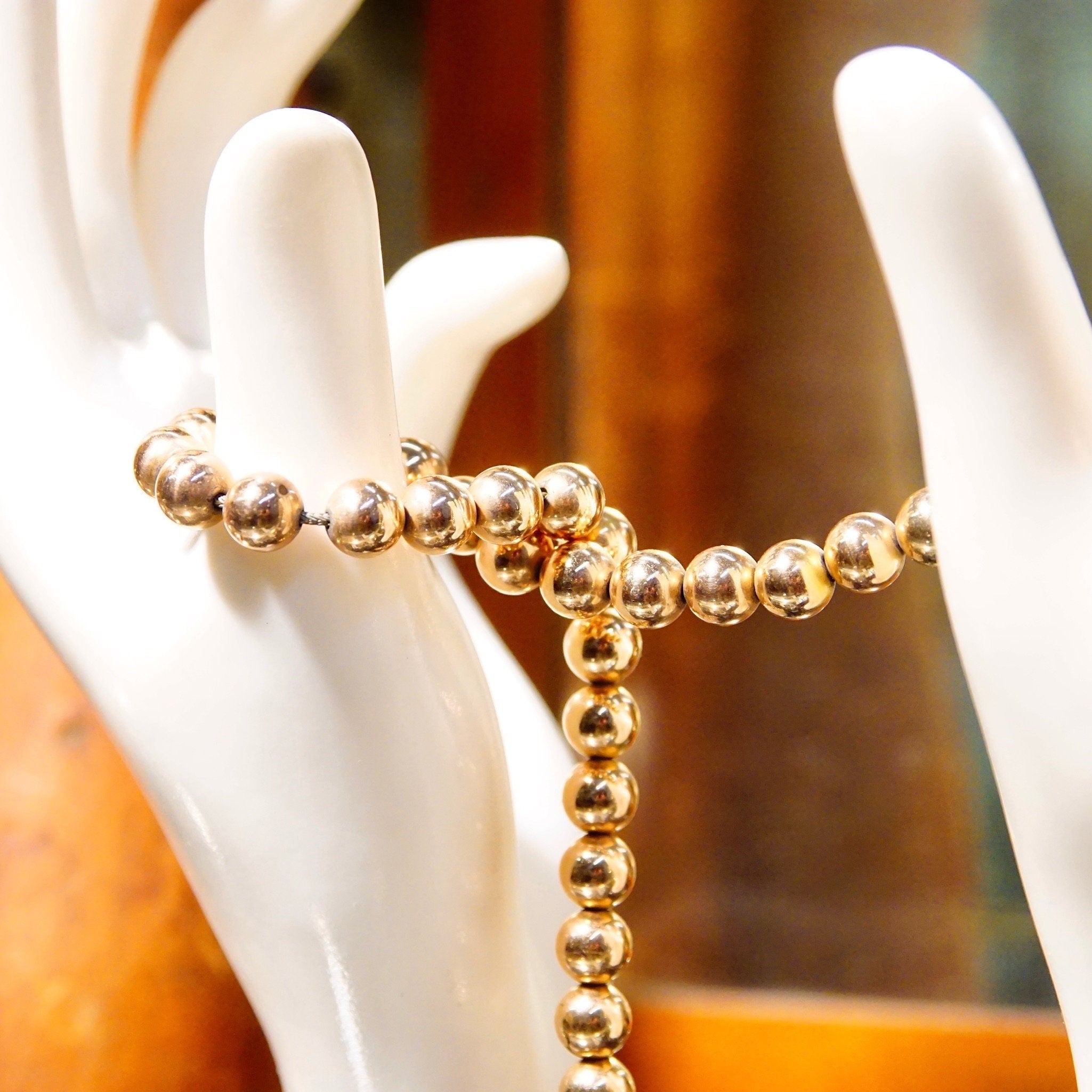Vintage Rose Gold Plated Bead Choker Necklace, Uniform Metallic Pink Bead Necklace, Cute Accessory, 7mm Rose Gold Beads, 15" Long