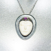 Vintage Sajen Style Sterling Silver Amethyst & Carved Bovine Bone Moon Goddess Pendant/Brooch, Extraterrestrial, Unique 925 Jewelry, 1 1/2"