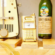 Vintage Rumors Quartz Miniature Brass Flip-Phone Mantel Clock, Small Standing Analog Clock, Cute Desk Tchotchke, Japan Movt, 2.5" Tall