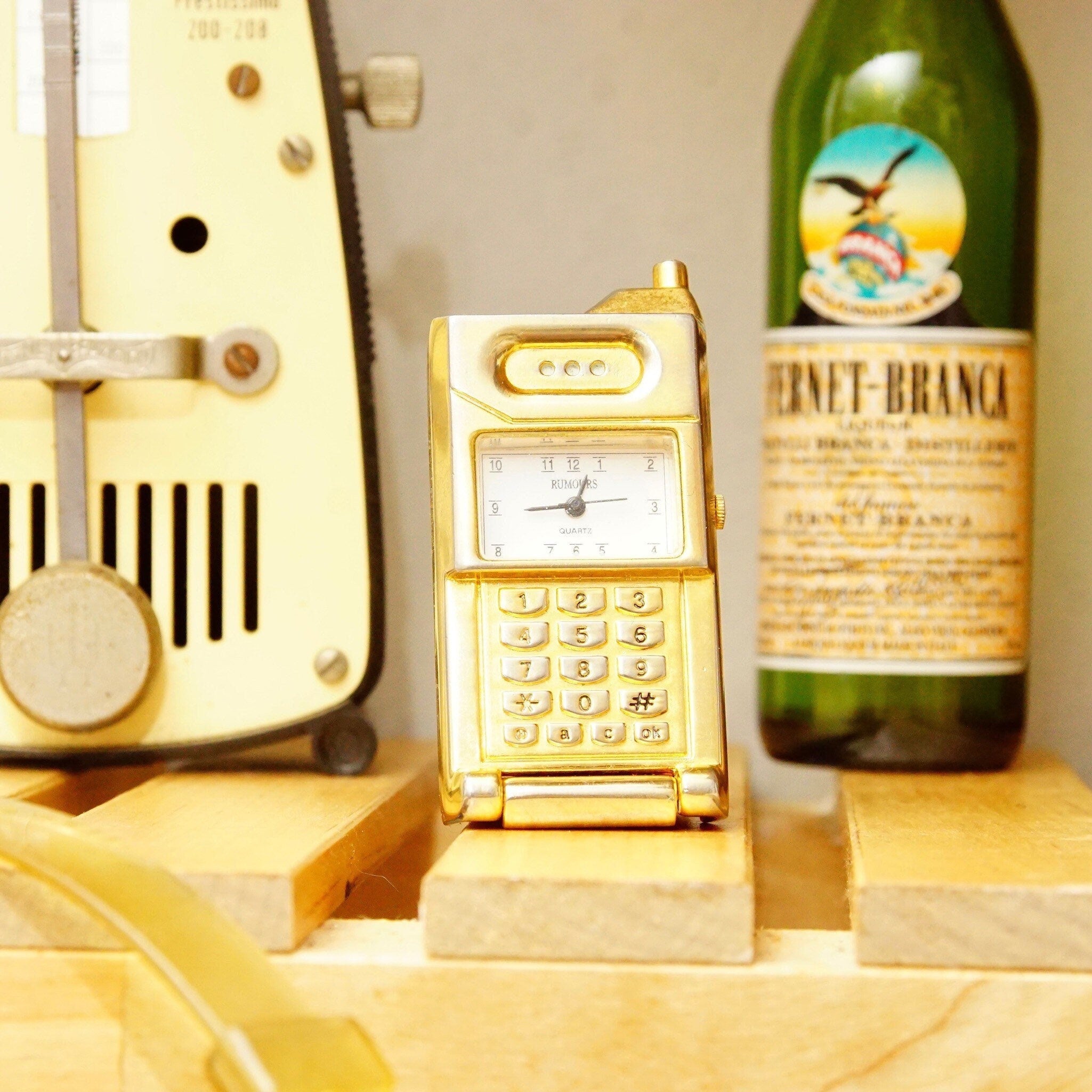 Vintage Rumors Quartz Miniature Brass Flip-Phone Mantel Clock, Small Standing Analog Clock, Cute Desk Tchotchke, Japan Movt, 2.5" Tall