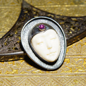 Vintage Sajen Style Sterling Silver Amethyst & Carved Bovine Bone Moon Goddess Pendant/Brooch, Extraterrestrial, Unique 925 Jewelry, 1 1/2"