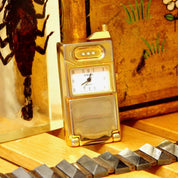 Vintage Rumors Quartz Miniature Brass Flip-Phone Mantel Clock, Small Standing Analog Clock, Cute Desk Tchotchke, Japan Movt, 2.5" Tall
