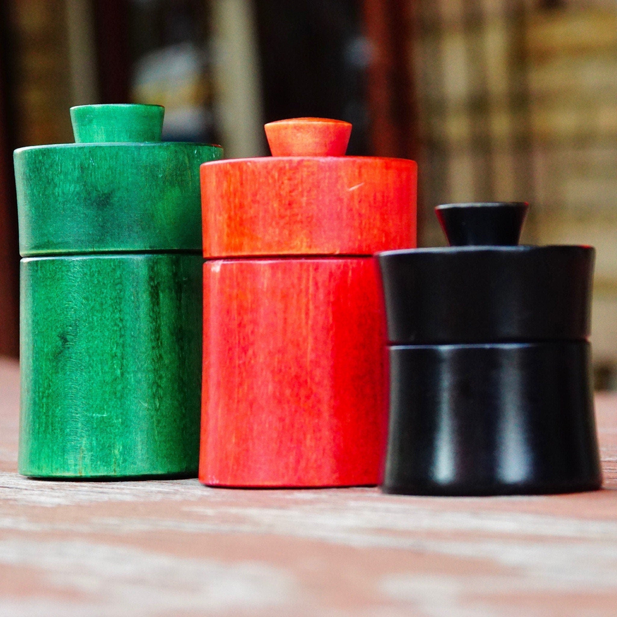  Matching Lids, Set Of 3, Red Green & Black, Howard Lewis Maple, Decorative Boxes