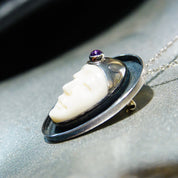 Vintage Sajen Style Sterling Silver Amethyst & Carved Bovine Bone Moon Goddess Pendant/Brooch, Extraterrestrial, Unique 925 Jewelry, 1 1/2"