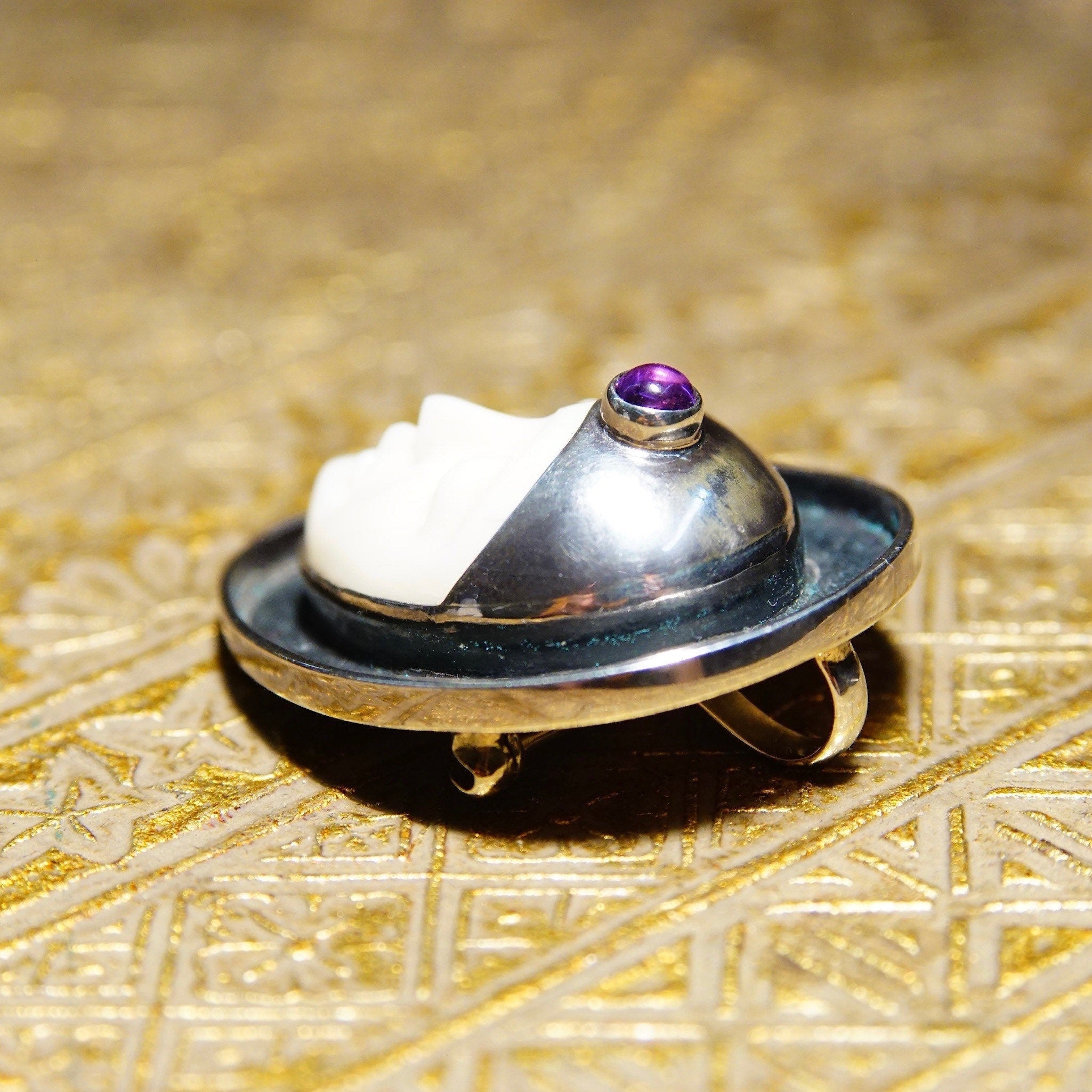 Vintage Sajen Style Sterling Silver Amethyst & Carved Bovine Bone Moon Goddess Pendant/Brooch, Extraterrestrial, Unique 925 Jewelry, 1 1/2"