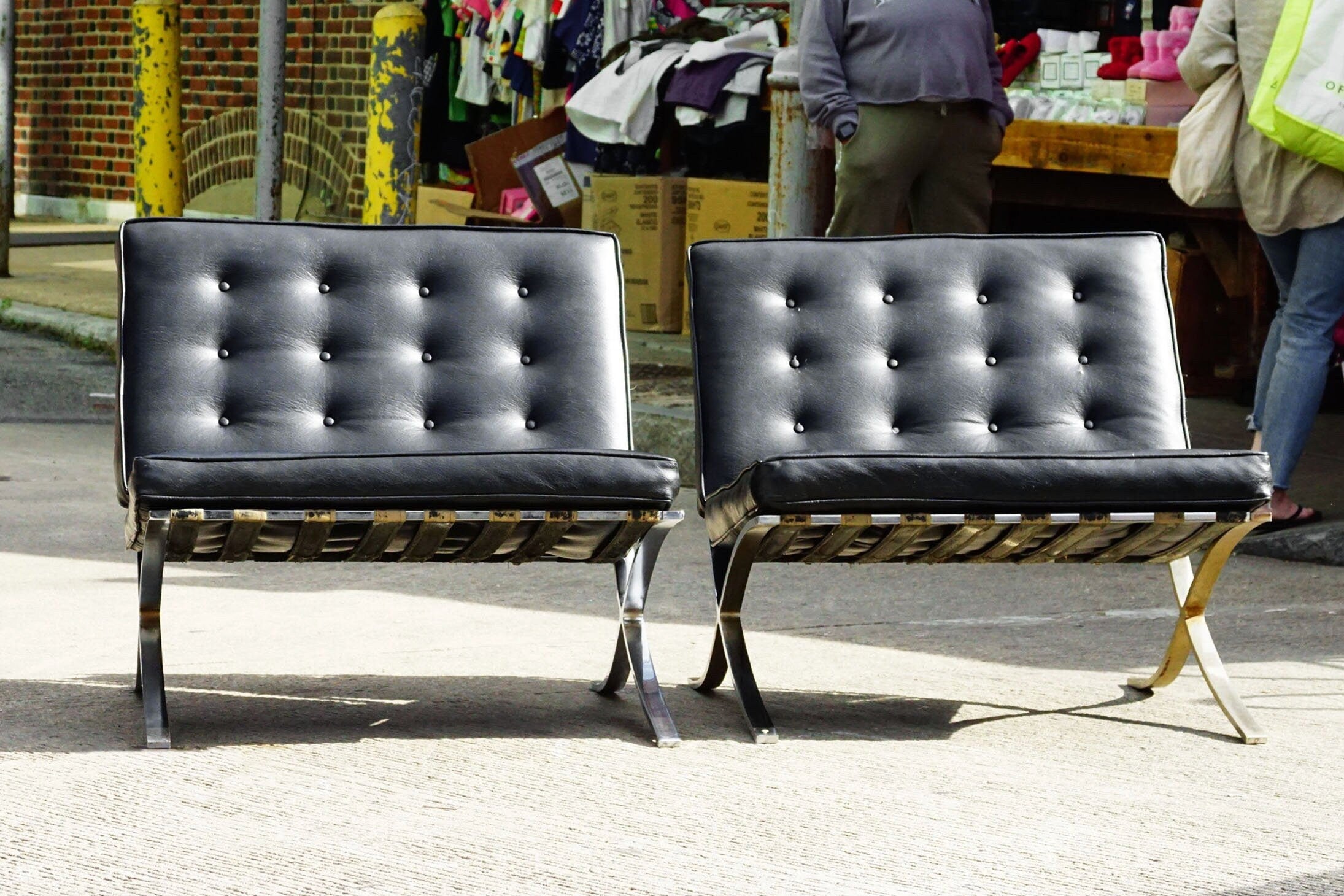 Vintage Pair Of MCM Black Leather Barcelona Chairs, Chrome Frame & Legs W/ Load Bearing Straps, Removable Cushions, 30" W x 28" H x 22" D