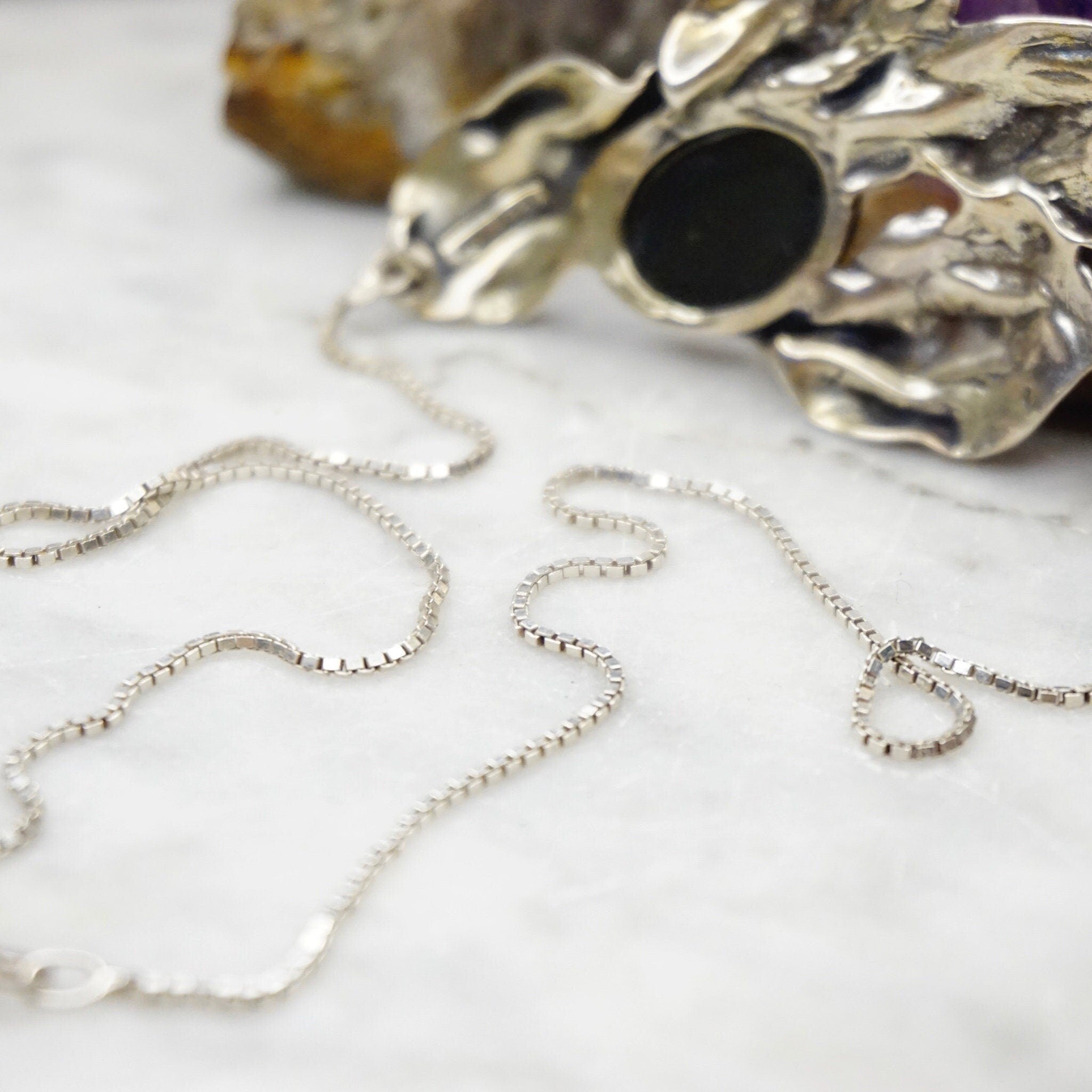 Vintage Noy Li Sterling Silver Hematite Pendant Necklace, Silver Box Chain Choker With Leaf Pendant, Modernist Silver Hematite Pendant, 925