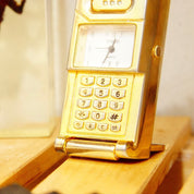 Vintage Rumors Quartz Miniature Brass Flip-Phone Mantel Clock, Small Standing Analog Clock, Cute Desk Tchotchke, Japan Movt, 2.5" Tall