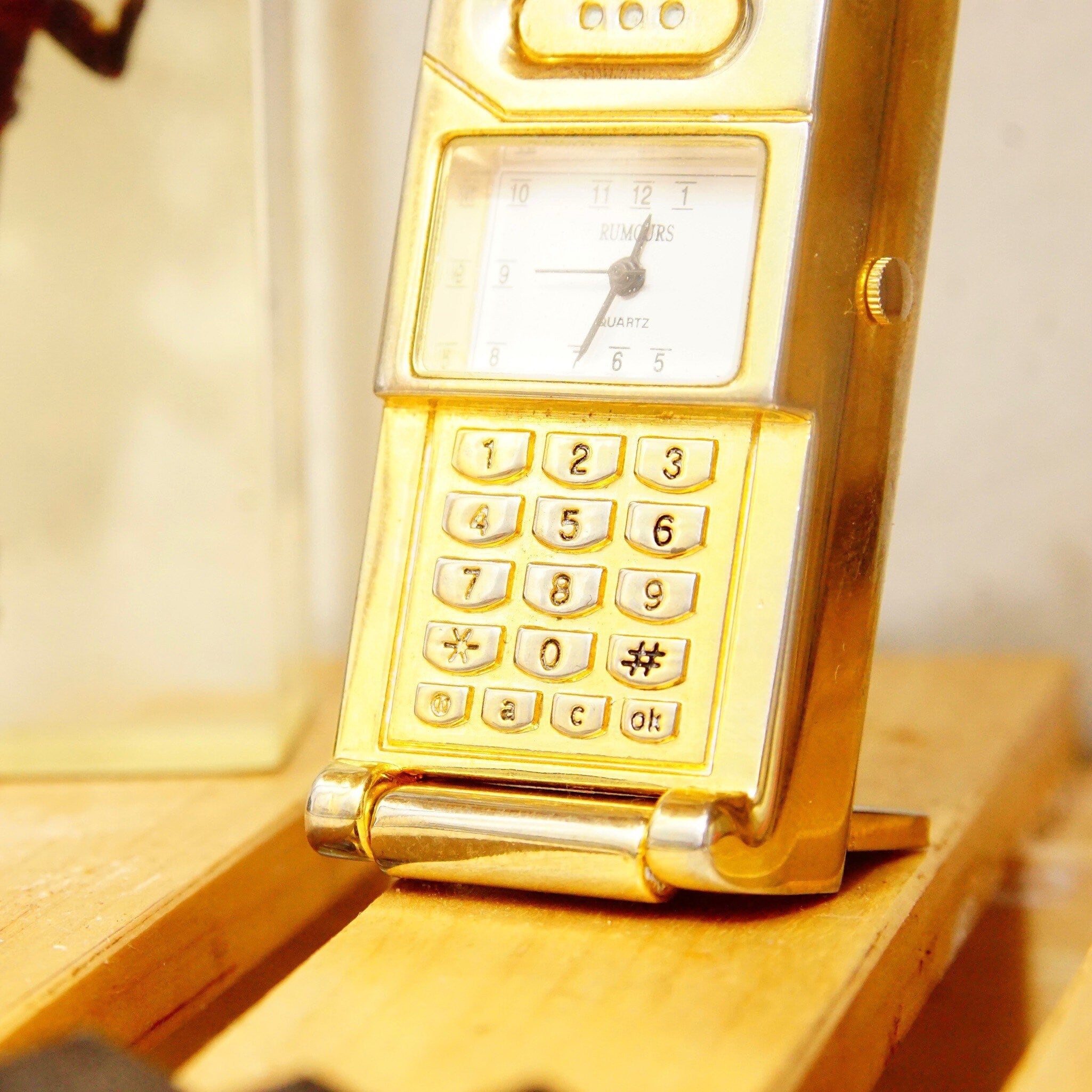 Vintage Rumors Quartz Miniature Brass Flip-Phone Mantel Clock, Small Standing Analog Clock, Cute Desk Tchotchke, Japan Movt, 2.5" Tall