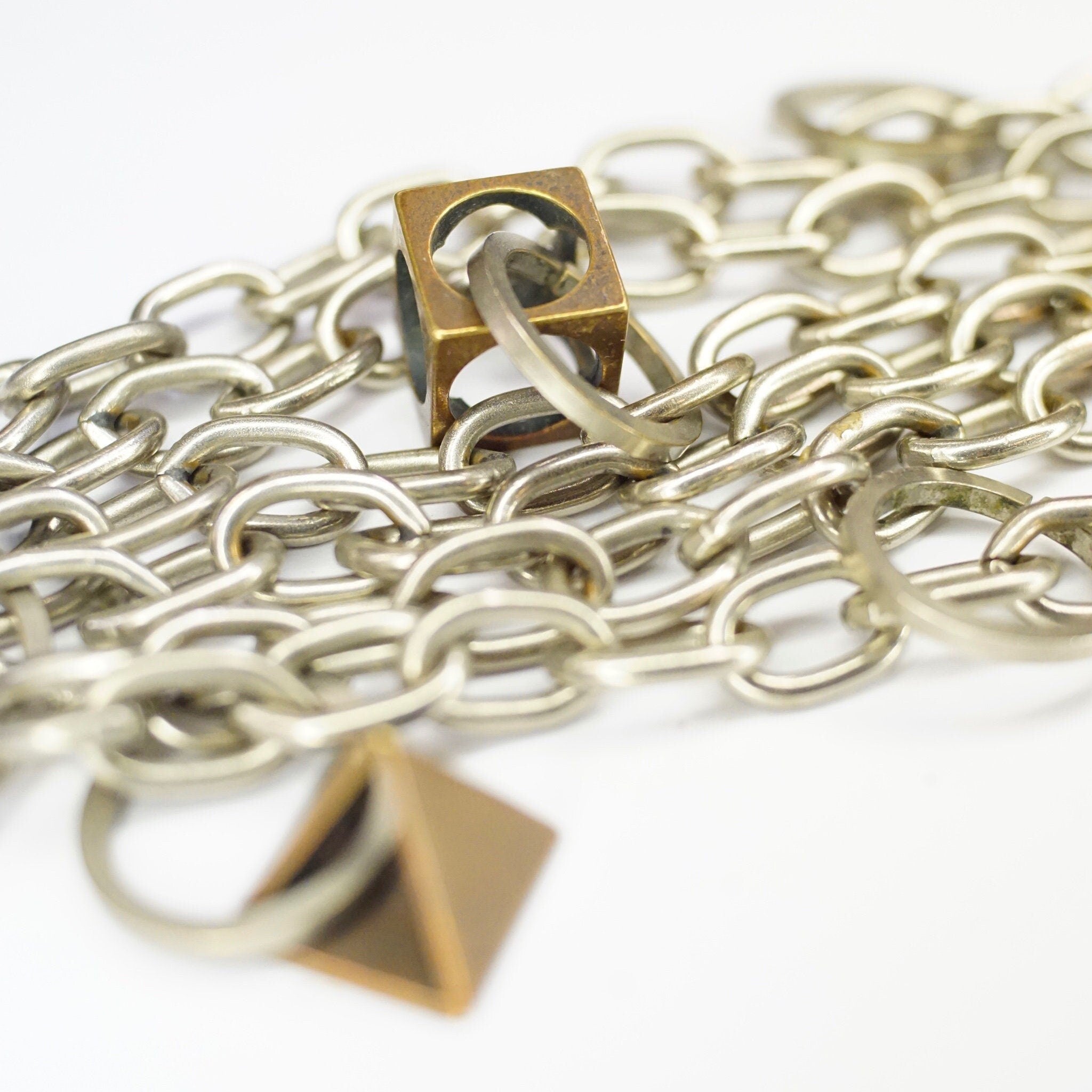 Vintage Signed Dannah Gripoix Silver Chain Charm Bracelet, Industrial Multi-Chain Bracelet With Geometric Copper Charms, Designer Jewelry