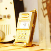 Vintage Rumors Quartz Miniature Brass Flip-Phone Mantel Clock, Small Standing Analog Clock, Cute Desk Tchotchke, Japan Movt, 2.5" Tall