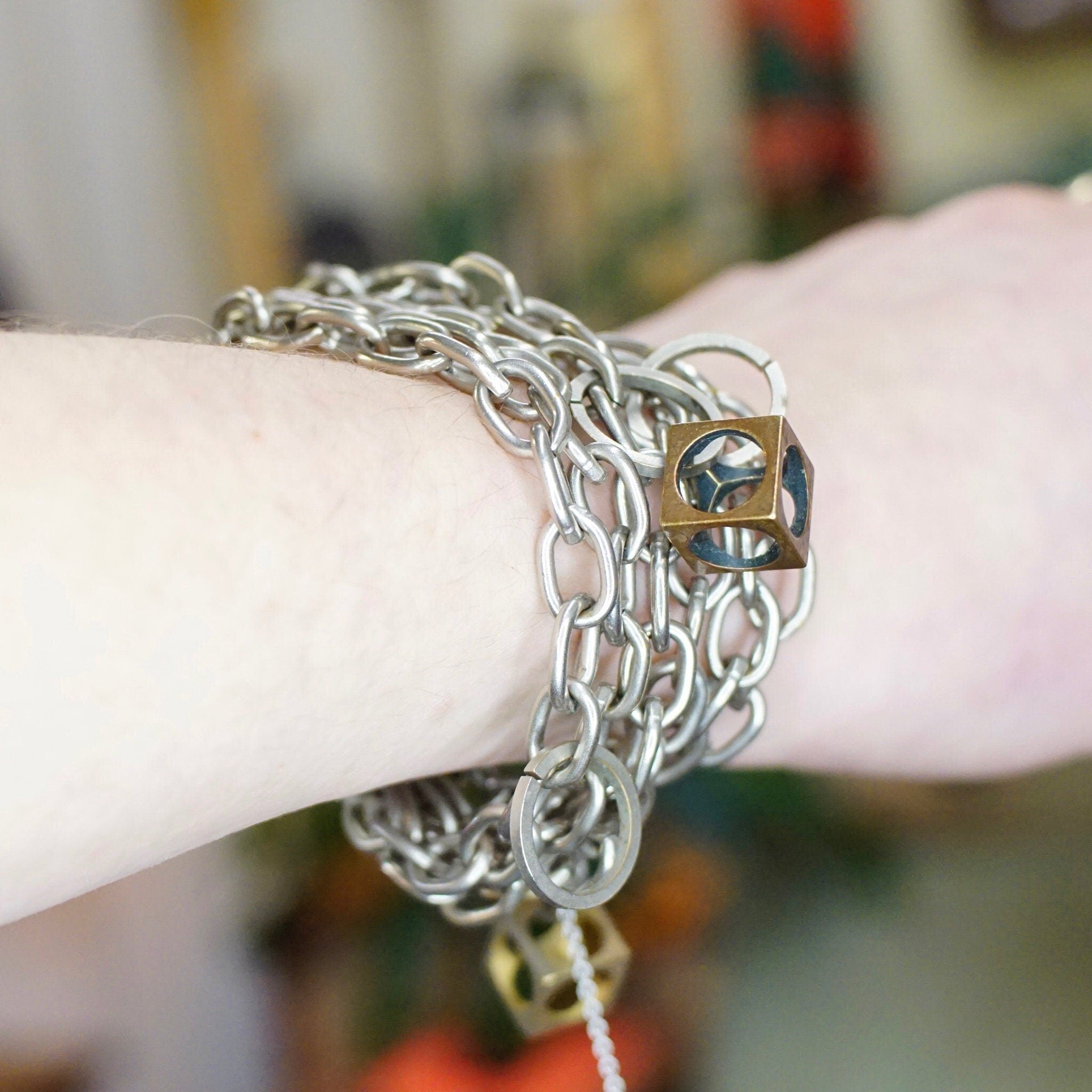 Vintage Signed Dannah Gripoix Silver Chain Charm Bracelet, Industrial Multi-Chain Bracelet With Geometric Copper Charms, Designer Jewelry