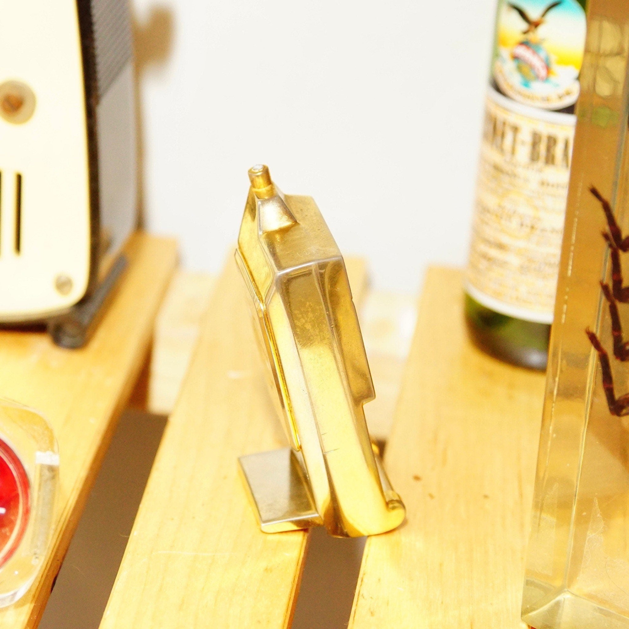 Vintage Rumors Quartz Miniature Brass Flip-Phone Mantel Clock, Small Standing Analog Clock, Cute Desk Tchotchke, Japan Movt, 2.5" Tall