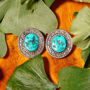 Vintage Signed NN Sterling Silver Turquoise Stud Earrings, Hammered Silver Medallion Earrings With Blue Turquoise Stone, 1 1/4" L