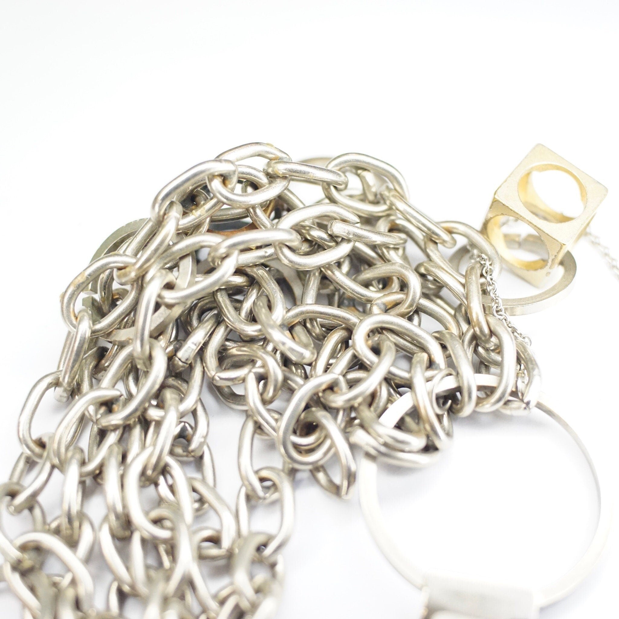 Vintage Signed Dannah Gripoix Silver Chain Charm Bracelet, Industrial Multi-Chain Bracelet With Geometric Copper Charms, Designer Jewelry