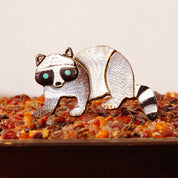 Vintage Signed Sterling Silver Shell Inlay Raccoon Brooch Pendant, Engraved Shell/Composite, Turquoise Eyes, Animal Lovers, 2 3/8" W