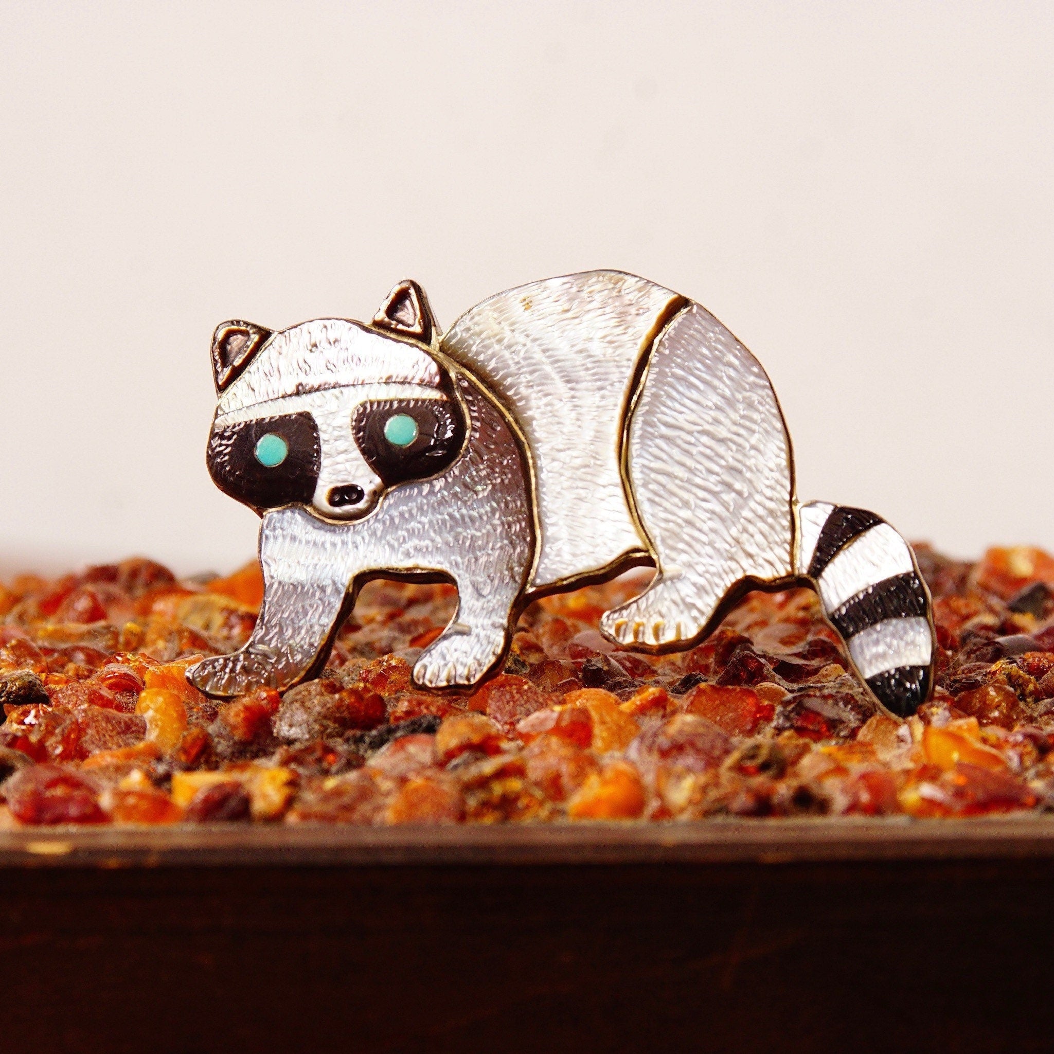 Vintage Signed Sterling Silver Shell Inlay Raccoon Brooch Pendant, Engraved Shell/Composite, Turquoise Eyes, Animal Lovers, 2 3/8" W