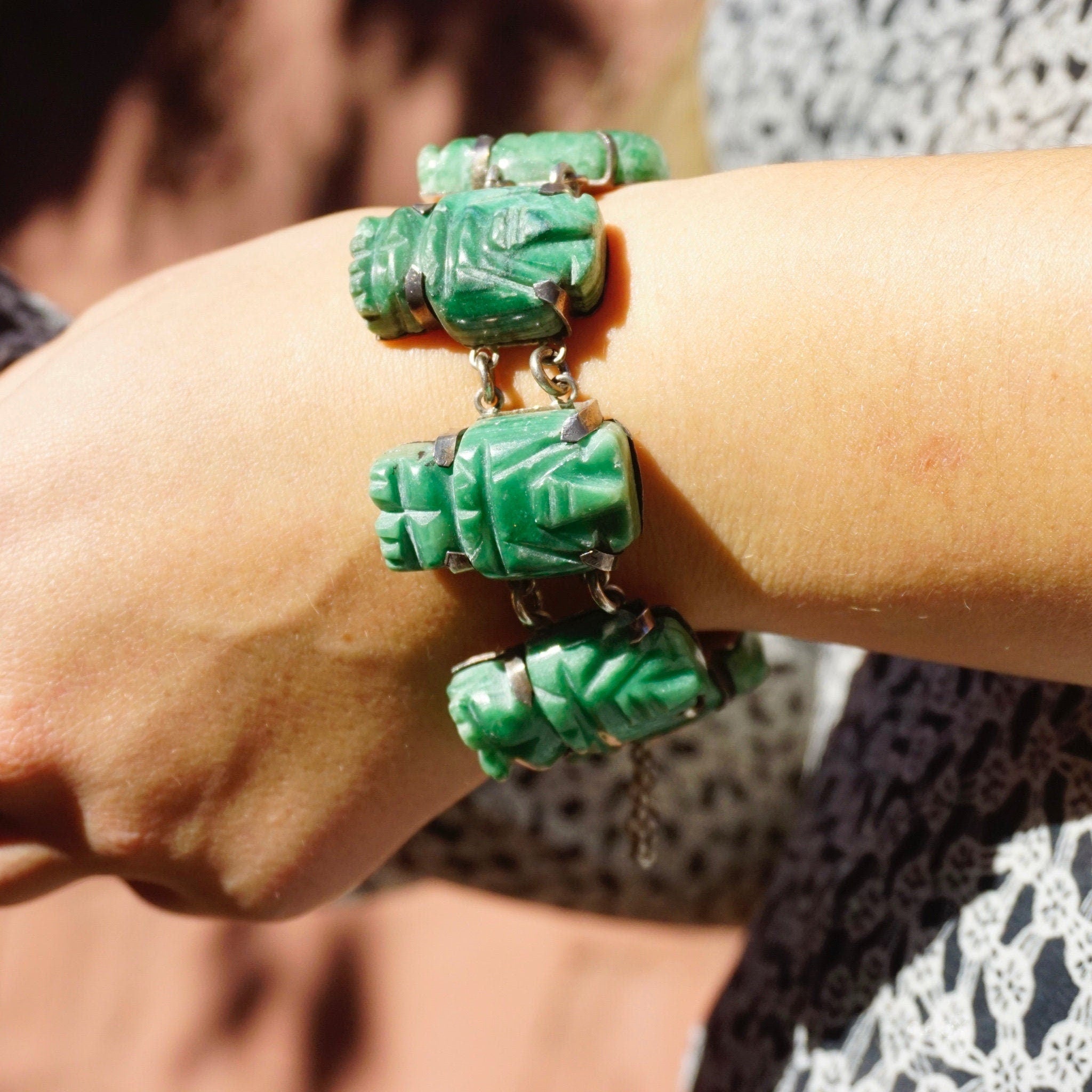 Vintage Silver Green Stone Link Bracelet, Marked 900 Silver Bracelet With Green Stone Figures, Faux Jade Panel Bracelet With Security Chain
