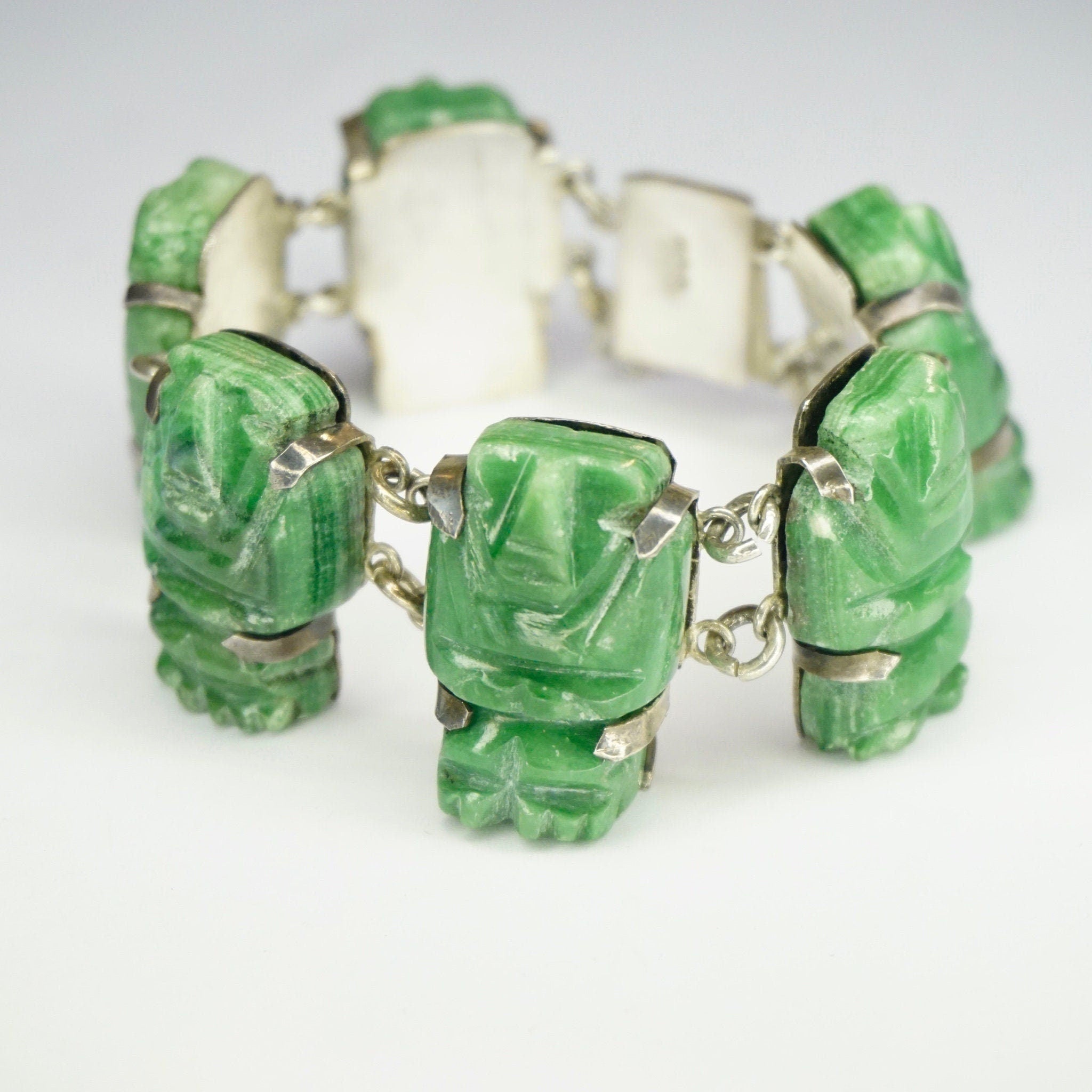 Vintage Silver Green Stone Link Bracelet, Marked 900 Silver Bracelet With Green Stone Figures, Faux Jade Panel Bracelet With Security Chain