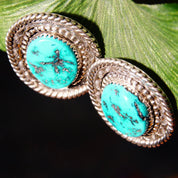 Vintage Signed NN Sterling Silver Turquoise Stud Earrings, Hammered Silver Medallion Earrings With Blue Turquoise Stone, 1 1/4" L
