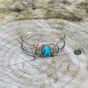 Vintage Southwestern Turquoise Cuff Bracelet, Sterling Silver Cut Out Cuff, Blue Turquoise With Silver Flecks, Silver Leaf Design, 5 1/2 L