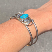 Vintage Southwestern Turquoise Cuff Bracelet, Sterling Silver Cut Out Cuff, Blue Turquoise With Silver Flecks, Silver Leaf Design, 5 1/2 L