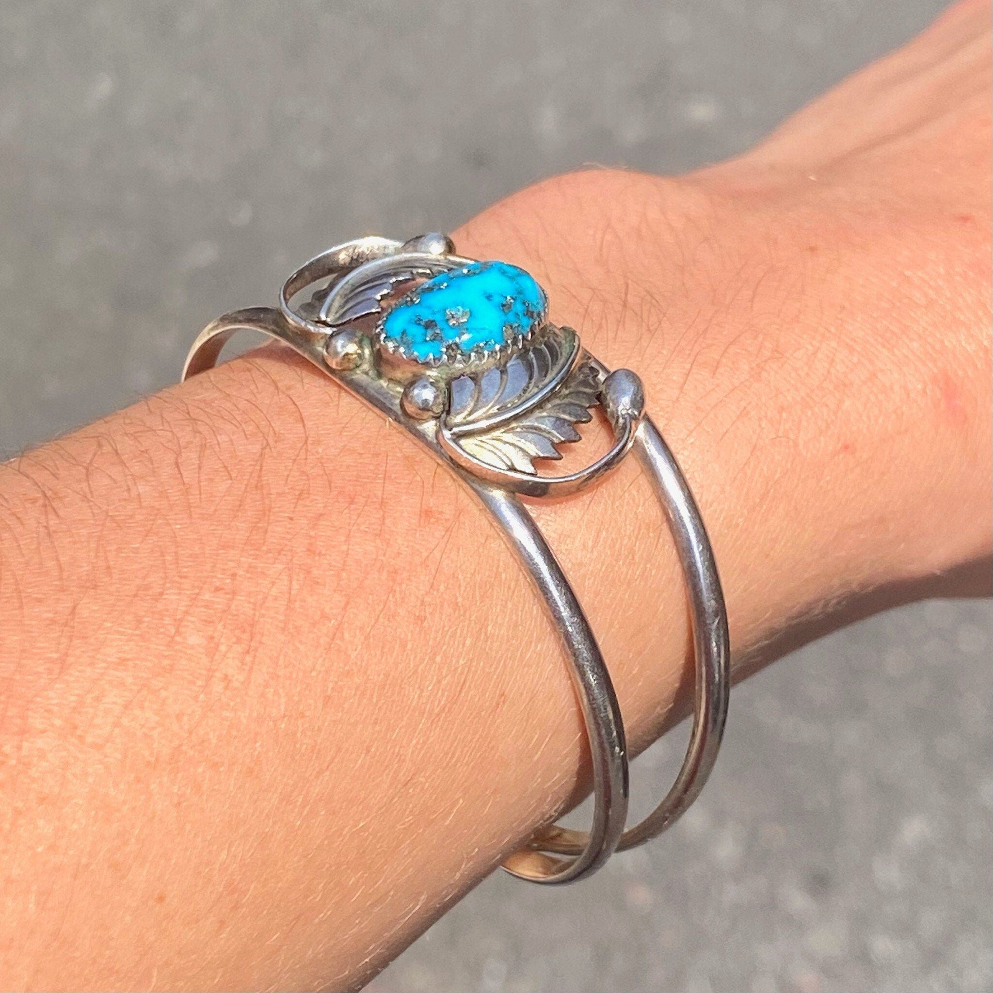 Vintage Southwestern Turquoise Cuff Bracelet, Sterling Silver Cut Out Cuff, Blue Turquoise With Silver Flecks, Silver Leaf Design, 5 1/2 L